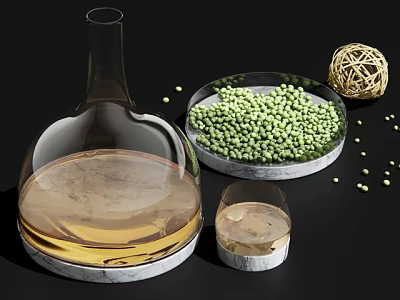 Fresh Green Peas on Marble Plate with Amber Liquid Bottle Small Glass and Woven Ball 3d model