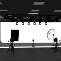 Professional Photography Studio Setup With Lights Tripods Reflectors And White Backdrop