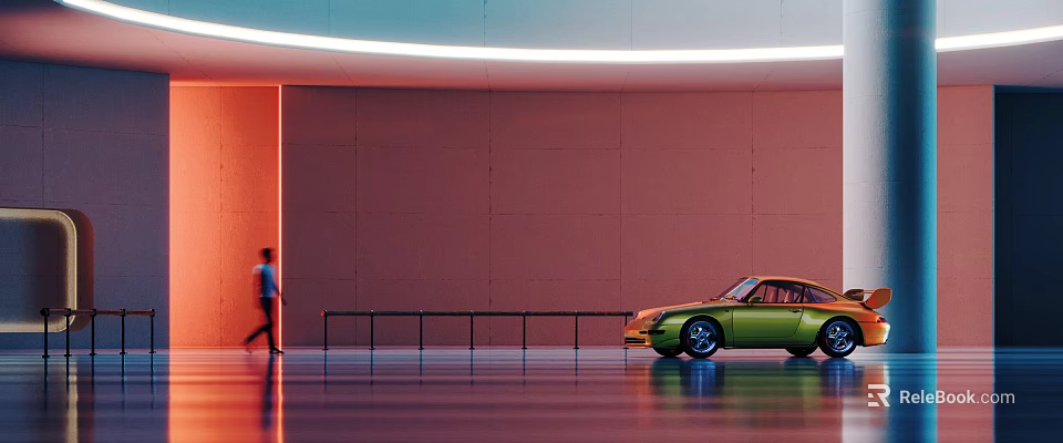 Green Sports Car Near Person Walking By Modern Wall With Colorful Lighting And Reflective Floor 3d model 