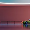 Green Sports Car Near Person Walking By Modern Wall With Colorful Lighting And Reflective Floor