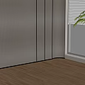 Grey Striped Background Wall with Wooden Floor and Green Plant Near Window