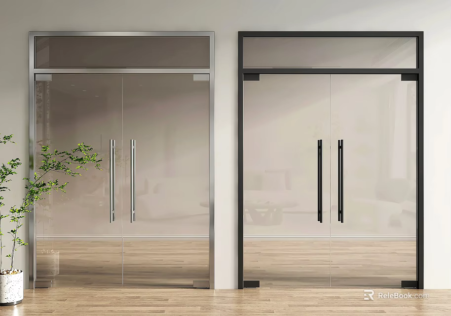 Double Glass Doors With Silver And Black Frames In Modern Interior Design 3d model