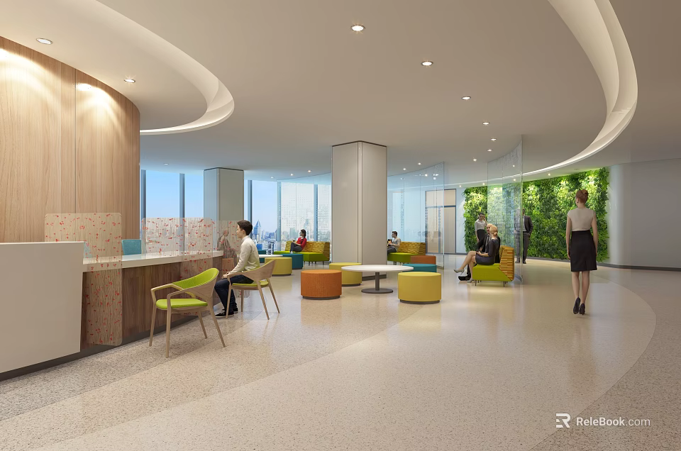 Modern Lobby Interior Design With Curved Architecture Wooden Walls Living Plant Wall And Colorful Seating 3d model 