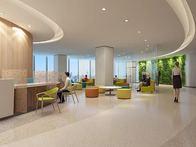 Modern Lobby Interior Design With Curved Architecture Wooden Walls Living Plant Wall And Colorful Seating 3d model