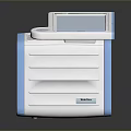 White And Blue Medical Diagnostic Device With Open Lid Control Panel And Interface Ports