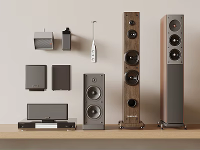 Modern Home Audio Systems With Wall Mounted Small Speakers Floorstanding Soundbar Black Gray Wooden 3d model