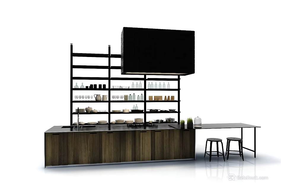 Modern Bar Counter With Wooden Cabinets Shelves And Black Screen Above Bar Stools 3d model 