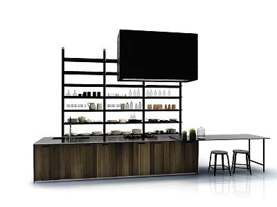 Modern Bar Counter With Wooden Cabinets Shelves And Black Screen Above Bar Stools 3d model