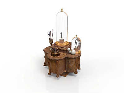 Decorative Wooden Small Table With Glass Dome Pen Holder Two Spheres And Small Clock 3d model