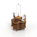 Decorative Wooden Small Table With Glass Dome Pen Holder Two Spheres And Small Clock