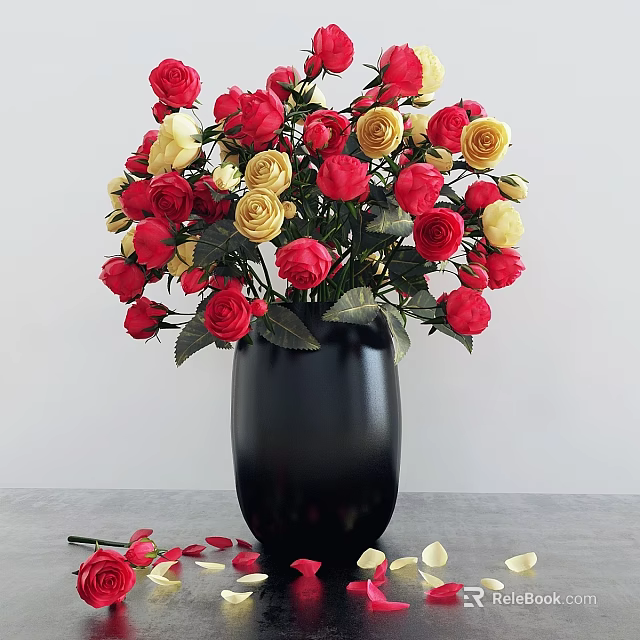 Black Vase With Red And Yellow Roses On Table With Scattered Petals 3d model 