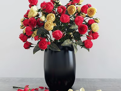 Black Vase With Red And Yellow Roses On Table With Scattered Petals 3d model