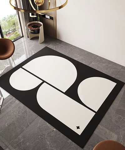 Square Rug With Black And White Geometric Patterns In Room 3d model