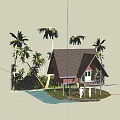 Detached Villa with Brown Roof and Balcony Near Waterfront and Palm Trees