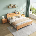 Wooden Minimalist Natural Double Bed Bedroom Interior With Nightstand Shelf Green Curtains And Sunlight