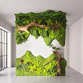 Indoor Landscape With Greenery Wall Moss Tree Branches Ferns White Walls And Large Windows