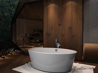 Soft White Towels On Floor Beside Modern Freestanding Bathtub With Wooden Wall And Forest View 3d model