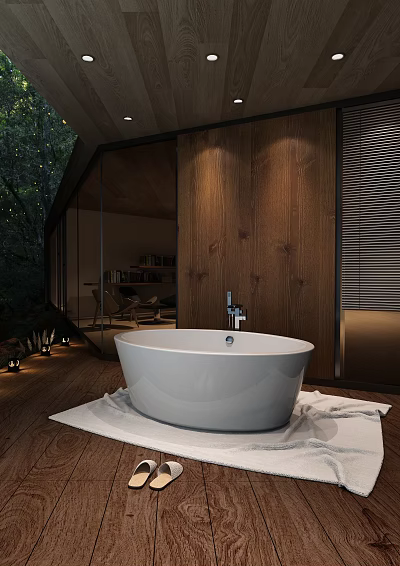 Soft White Towels On Floor Beside Modern Freestanding Bathtub With Wooden Wall And Forest View 3d model