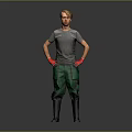 A Man Standing in Gray T-shirt Green Pants Red Gloves Black Boots on Gray Background