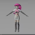 3D Cartoon Character Model With Pink Hair Green Eyes White Tshirt And Red R Letter