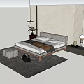 Silent background double bed cream double bed bedside table background wall 3d model