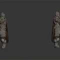 Armored Warrior Character in Silver Armor with Golden Accents Red Cape Front and Back View Designs