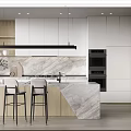 Modern Kitchen Interior With White Cabinets Wooden Accents Marble Island And Bar Stools