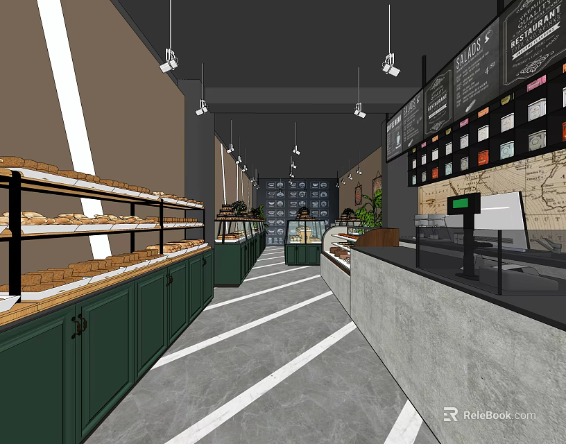 Modern Dessert Shop Interior With Glass Display Cases Green Cabinets Menu Boards And Counter 3d model 