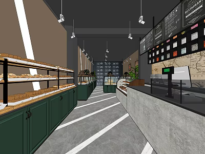 Modern Dessert Shop Interior With Glass Display Cases Green Cabinets Menu Boards And Counter 3d model