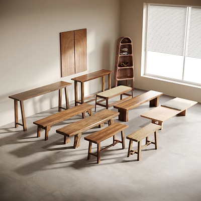 Wooden Stools Of Different Styles And Sizes In Indoor Area 3d model