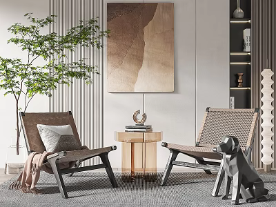 Wicker Chair and Wooden Table Set with Green Plant Abstract Painting and Decorative Sculpture 3d model