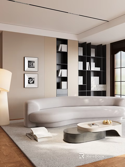 Modern Living Room Interior With Light Gray Curved Sofa Black Bookshelf And Round Coffee Table 3d model 