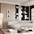 Modern Living Room Interior With Light Gray Curved Sofa Black Bookshelf And Round Coffee Table