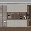 Modern Kitchen Interior With Warm Lighting Cabinets Coffee Machine And Glass Shelves