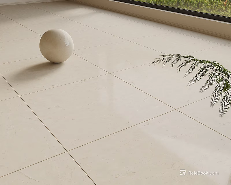 Cream Colored Floor Tiles With Smooth Surface White Spherical Ornament And Green Plant 3d model 