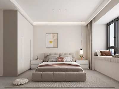 Modern Bedroom Interior With Beige Bed Nightstands Table Lamps Wall Art Curtains Rug And Wardrobe 3d model