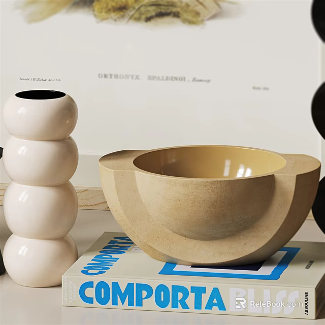 Decorative Ornament Set With White Stacked Spheres And Wooden Bowl Shaped Decor On Books 3d model 
