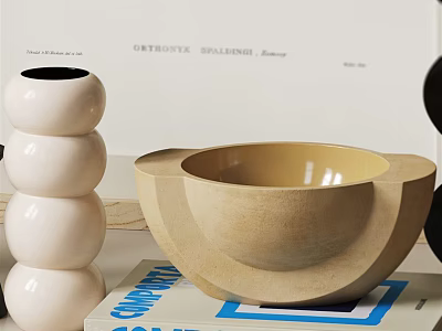 Decorative Ornament Set With White Stacked Spheres And Wooden Bowl Shaped Decor On Books 3d model