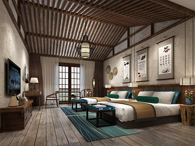 Chinese Style Hotel Guest Room With Wooden Ceiling Lantern Pendant Light And Calligraphy Paintings 3d model