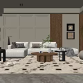 Modern Living Room Interior With White Sofa Wooden Coffee Table Paneled Wall And Patterned Carpet