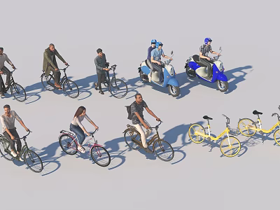 Group of People Riding Bicycles and Electric Scooters in Outdoor Setting 3d model