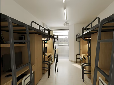 Spacious Student Dormitory Room With Bunk Beds Desks Chairs And Window 3d model