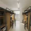 Spacious Student Dormitory Room With Bunk Beds Desks Chairs And Window