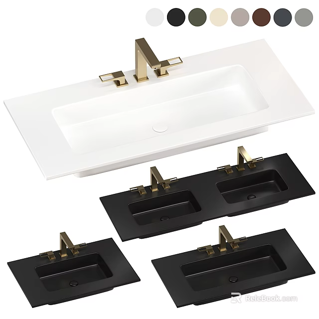 Elegant Modern White Washbasin With Gold Faucet And Black Installation Bases 3d model 