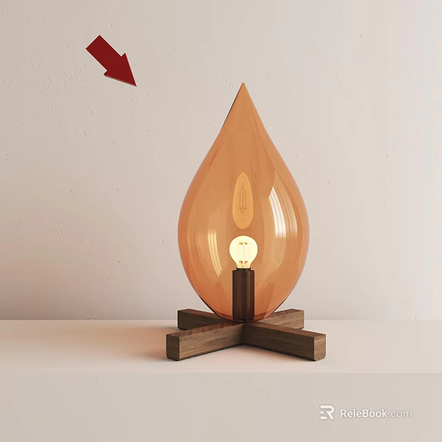 Teardrop Shaped Orange Glass Table Lamp with Wooden Cross Base Modern Design 3d model 