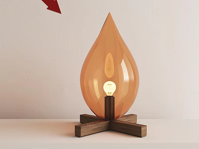 Teardrop Shaped Orange Glass Table Lamp with Wooden Cross Base Modern Design 3d model