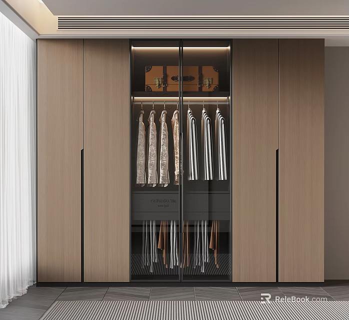 Modern Wardrobe Interior Design With Glass Doors Hanging Clothes And Storage 3d model 