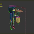 Green And Blue Mechanical Robot Character Wearing Hat With Red Joints Carrying Bag