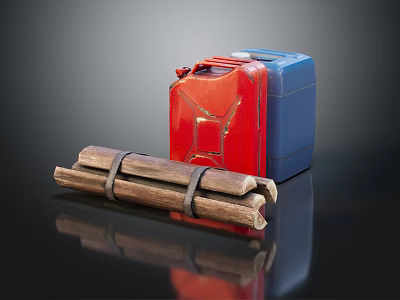 Red And Blue Fuel Canisters With Bundled Firewood For Daily Household Use 3d model
