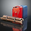 Red And Blue Fuel Canisters With Bundled Firewood For Daily Household Use